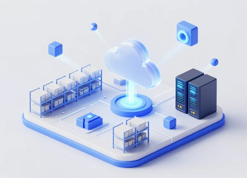 An isometric 3D illustration of a smart warehouse system with a central cloud node connected to inventory shelves and digital data blocks, representing an integrated RFID and ERP network.