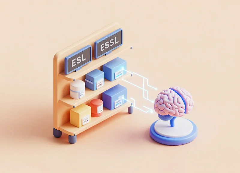 Isometric view of a retail environment showing the interoperability between RFID tags on clothes, electronic shelf labels, and a floating AI analytics interface.