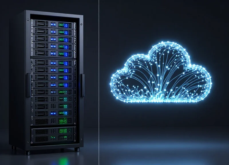 A side-by-side visual comparison featuring a high-tech physical server rack on the left representing on-premise infrastructure and a glowing digital cloud network on the right representing cloud services, split by a clean vertical line.