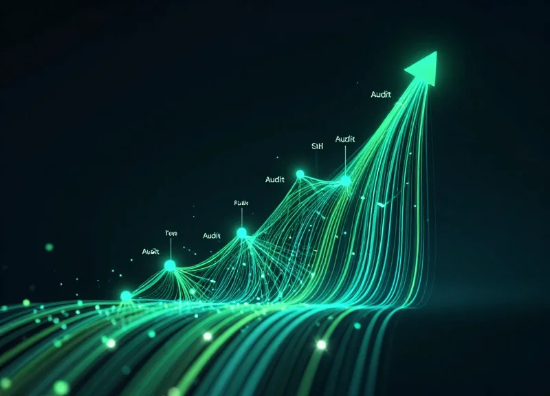 Abstract visualization of successful data flow and security compliance metrics.