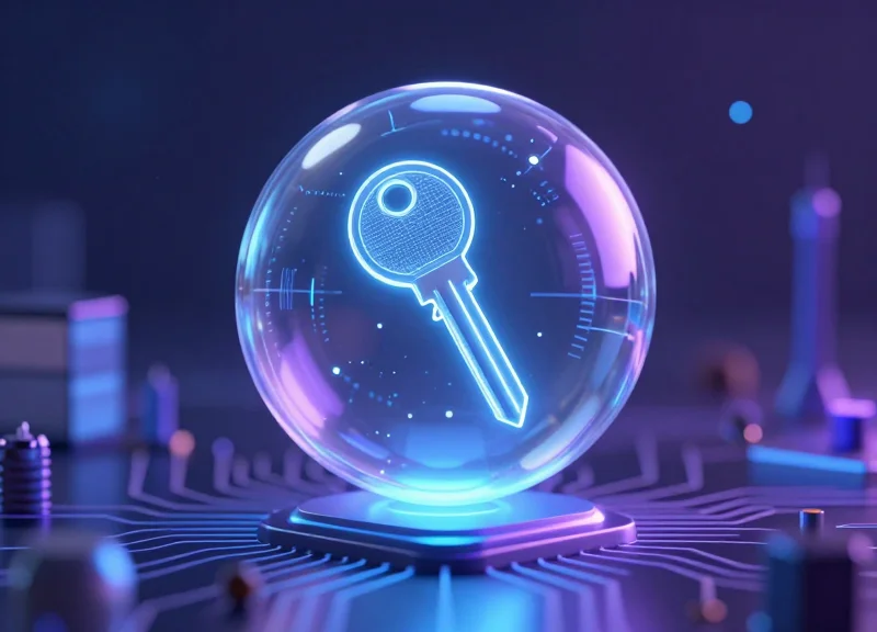 Conceptual artwork showing a digital key protected within a transparent sphere above a circuit board.