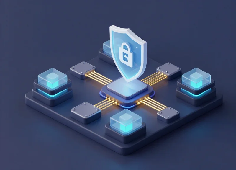 An isometric 3D illustration of a modular digital architecture representing secure RFID storage with glowing shield icons and interconnected data blocks.