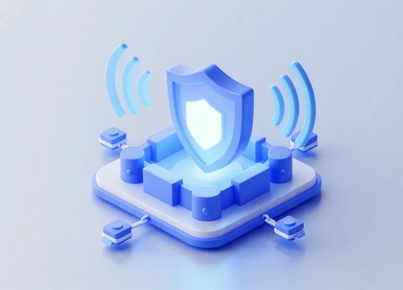 Isometric 3D illustration of a secure digital fortress representing Sovereign RFID with radiating signal waves.