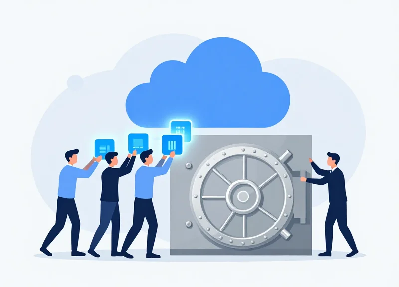 Flat vector illustration of a team migrating data blocks to a secure vault.
