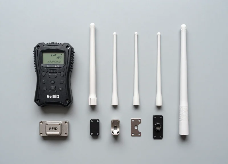 Top-down view of organized RFID hardware components on a clean workbench.