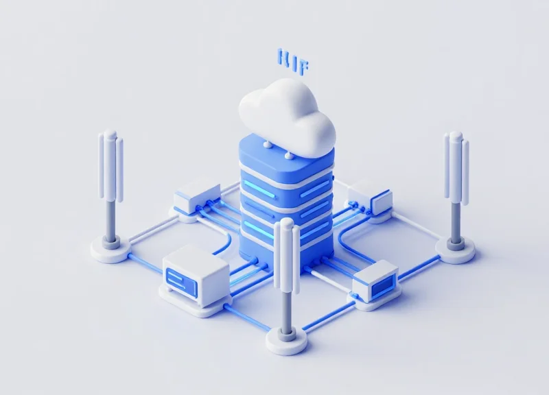 An isometric 3D illustration of an enterprise RFID system featuring a miniature industrial facility with networked antennas connected by glowing data paths to a central server node.