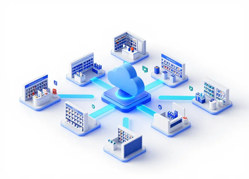 A professional isometric 3D illustration showing a network of retail stores connected to a central digital hub by glowing lines, representing real-time monitoring and inventory management.