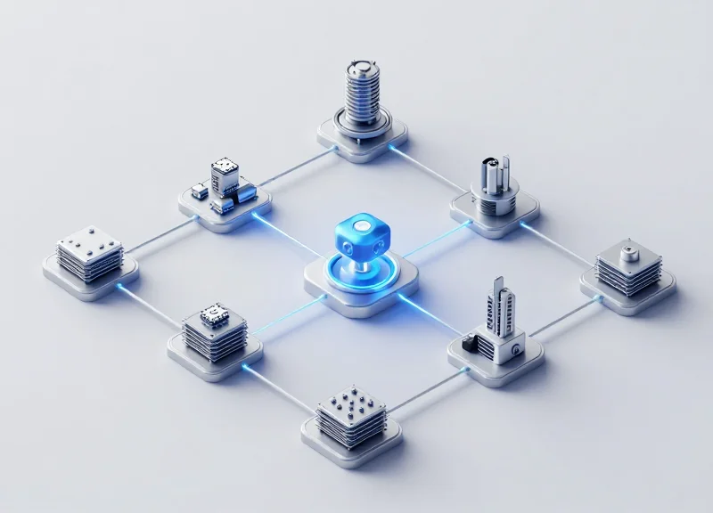 A clean isometric 3D illustration of a global network showing interconnected hardware modules and glowing data nodes, representing a technical monitoring system.