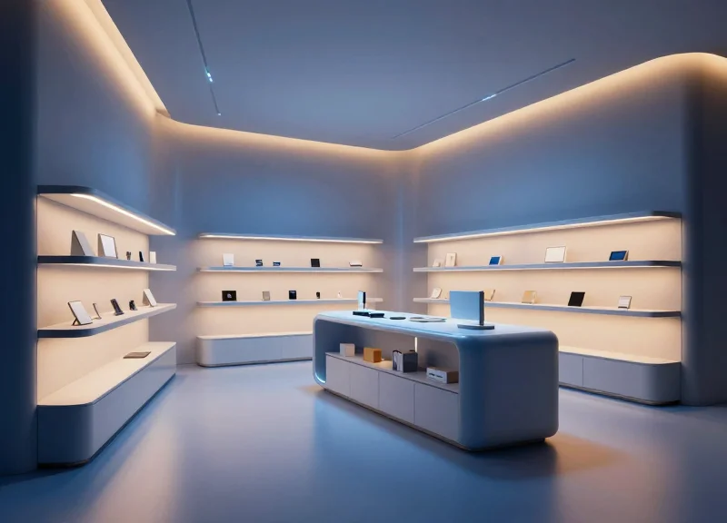 Futuristic retail store environment with advanced digital technology and sleek design in 2026