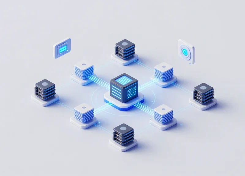 An isometric 3D illustration of a futuristic retail warehouse system with glowing connection nodes and modular server components representing a self-healing digital network.