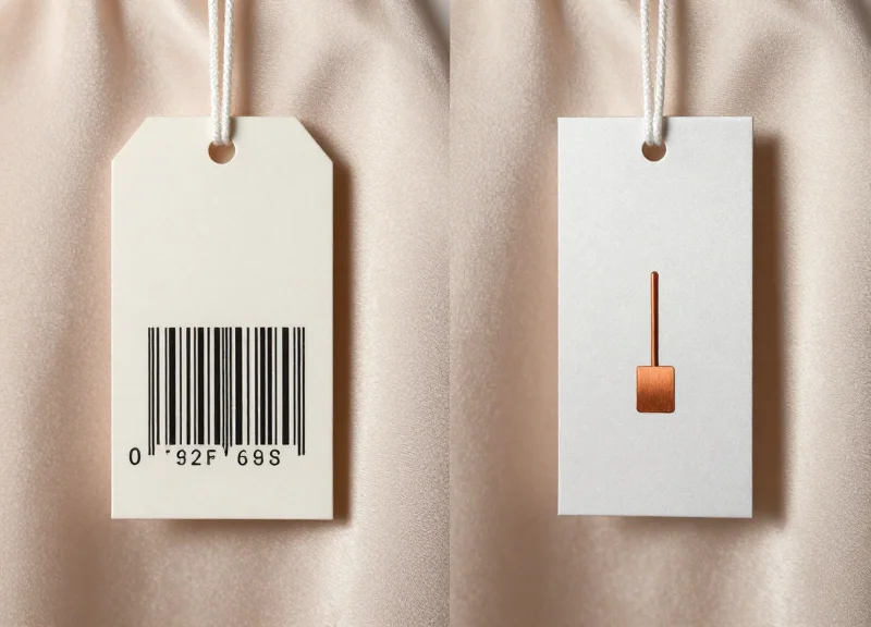 Side-by-side comparison of a traditional printed barcode tag and a modern RFID-embedded fabric tag on high-end garments.