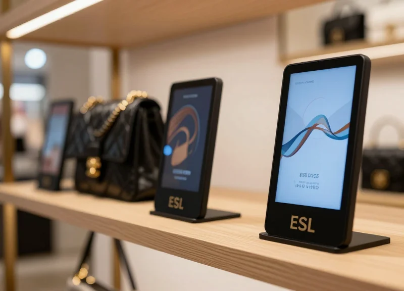 Electronic shelf labels (ESL) displaying information on luxury boutique shelving with modern lighting.
