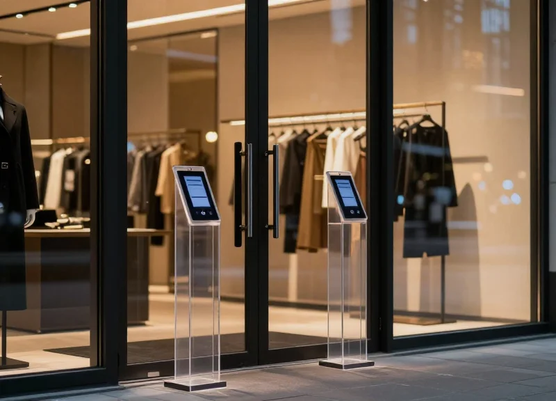 Minimalist and discrete RFID security pedestals at the entrance of a high-end fashion boutique.
