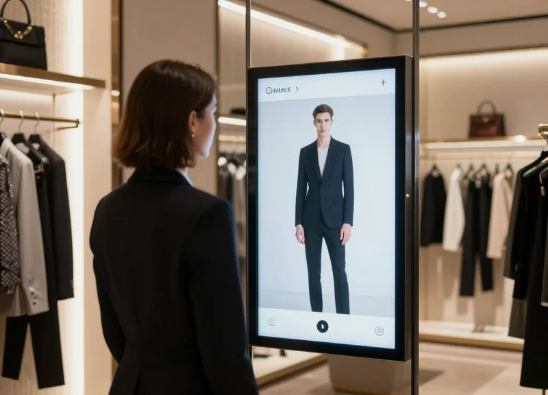 A customer interacting with a smart mirror in a luxury fitting room that displays garment details via RFID.