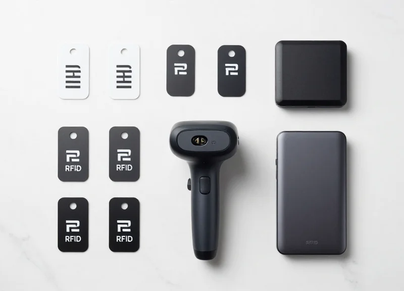 An organized arrangement of RFID hardware including tags, a handheld scanner, and a desktop reader on a clean surface.