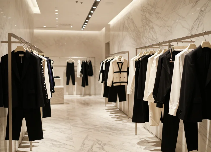 The interior of a high-end, minimalist luxury boutique featuring designer clothes on sleek metallic racks, marble flooring, and warm cinematic lighting, conveying an organized and efficient retail environment.