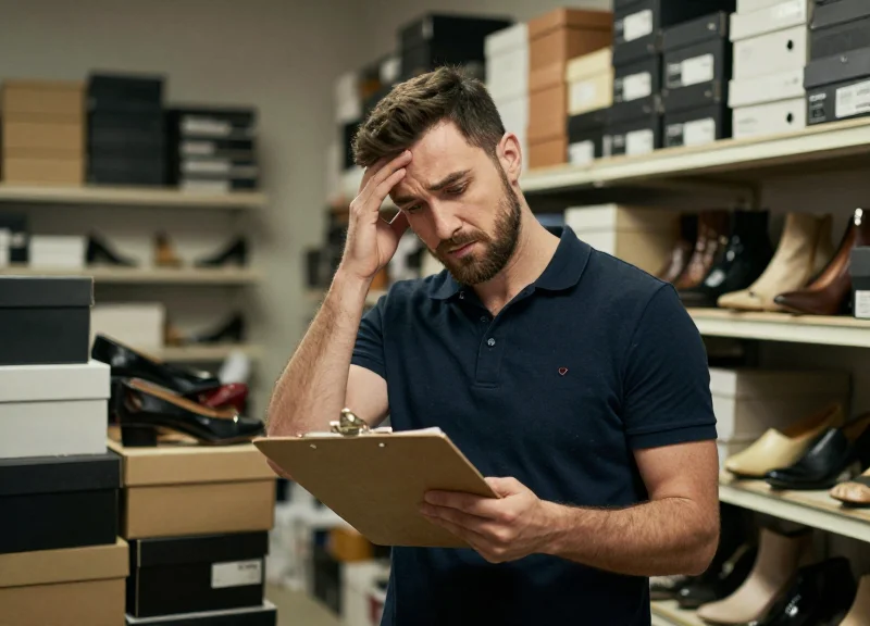 Frustrated luxury retail employee in a cluttered stockroom surrounded by disorganized shoe boxes
