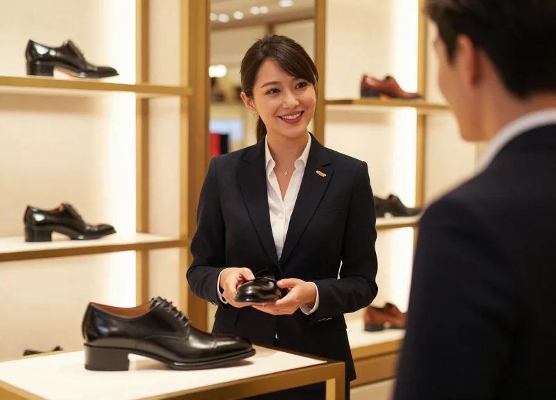 Professional sales associate providing high-value service to a customer in a luxury shoe boutique