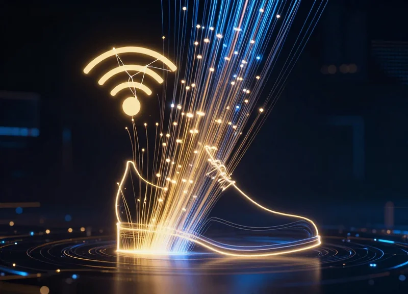 An abstract digital visualization featuring glowing golden and blue data streams flowing upwards, forming a subtle silhouette of an elegant shoe, representing retail technology and ROI.