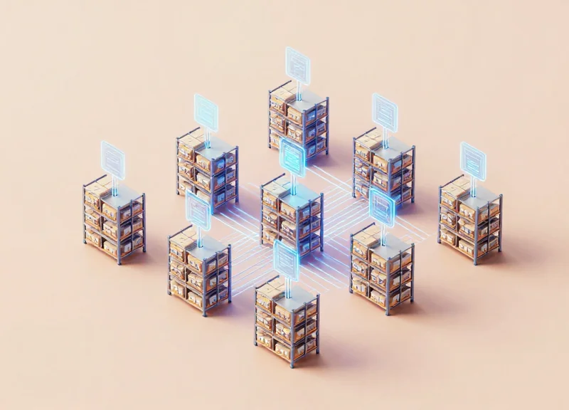 An isometric 3D illustration of a modern automated warehouse with tiny floating digital nodes and glowing lines connecting storage racks, representing a technical RFID infrastructure.