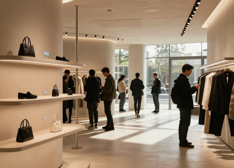 A sleek, futuristic high-end retail environment in 2026 with customers browsing and integrated smart shelf sensors.
