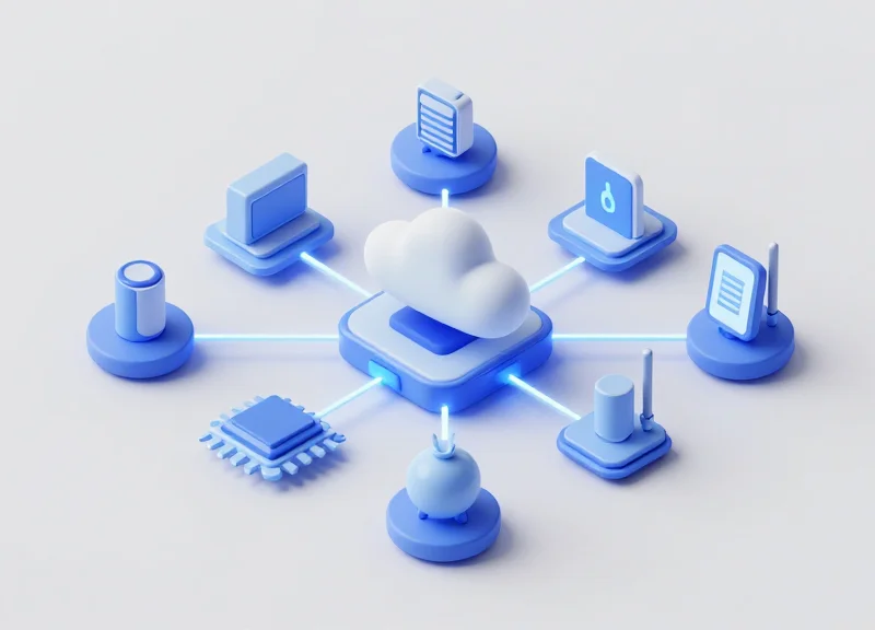 Isometric 3D model of a retail network with RFID tags and sensors connected to a data processing hub.