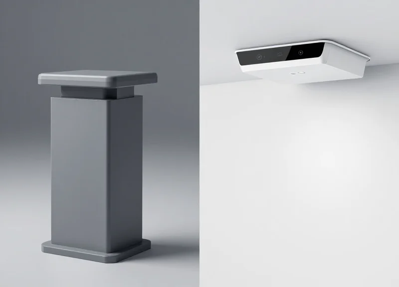 Comparison between a traditional bulky EAS pedestal and a modern sleek RFID ceiling-mounted scanner.