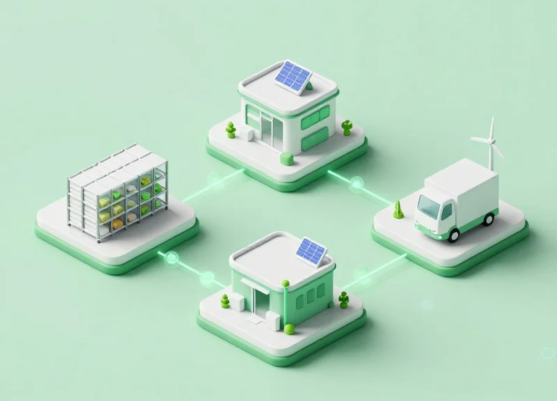 Isometric 3D illustration of a sustainable retail supply chain with miniature buildings, green energy sources, and glowing digital connection lines representing an RFID network.