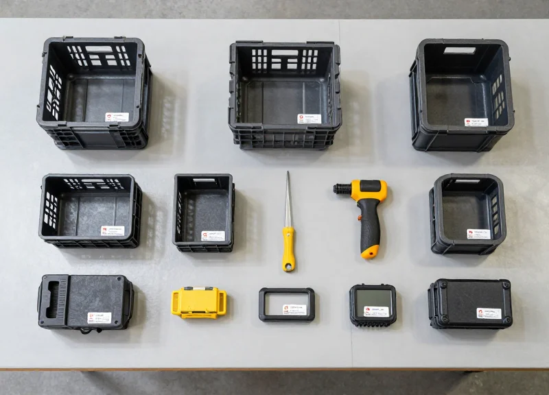 A flat lay of various industrial equipment and assets with RFID tags.