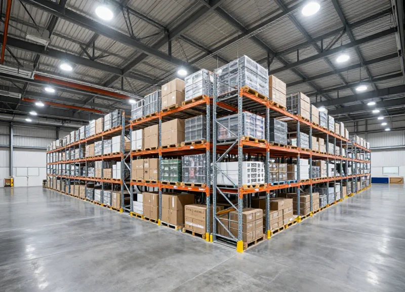 A wide-angle view of a massive, modern enterprise-level distribution center with high-tech infrastructure.