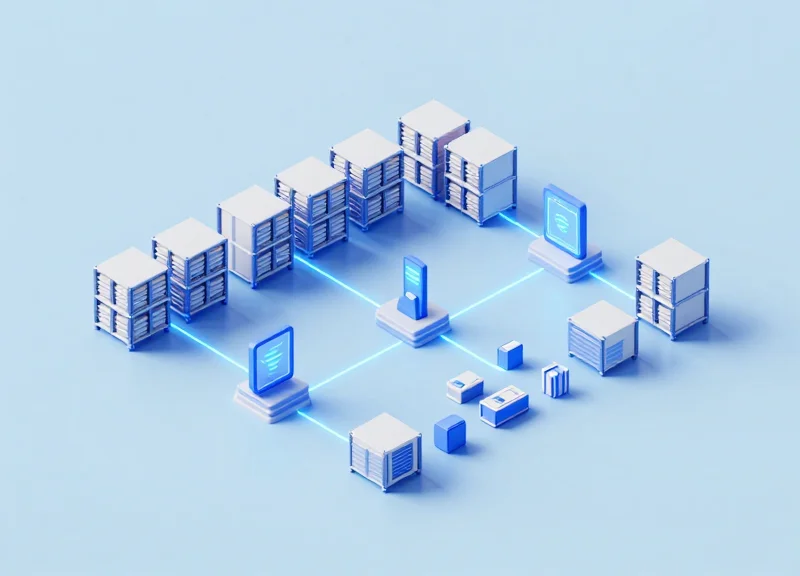 A clean isometric 3D illustration of a modern smart warehouse system with glowing connection lines and modular units representing efficient resource allocation.