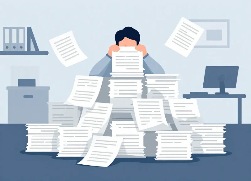 Flat vector illustration of a worker overwhelmed by an massive mountain of paper documents in an office, symbolizing manual workflow inefficiency.