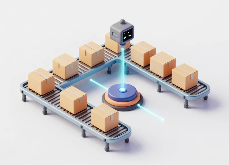 Isometric 3D view of a warehouse conveyor system with RFID sensors scanning packages, showing a modern digital workflow.