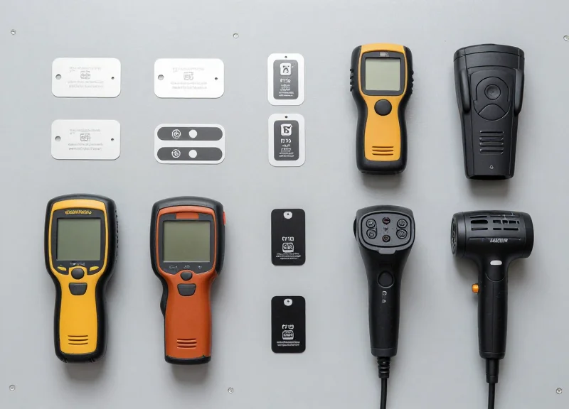 A neatly organized flat lay arrangement of professional RFID hardware including handheld scanners, tags, and fixed readers.