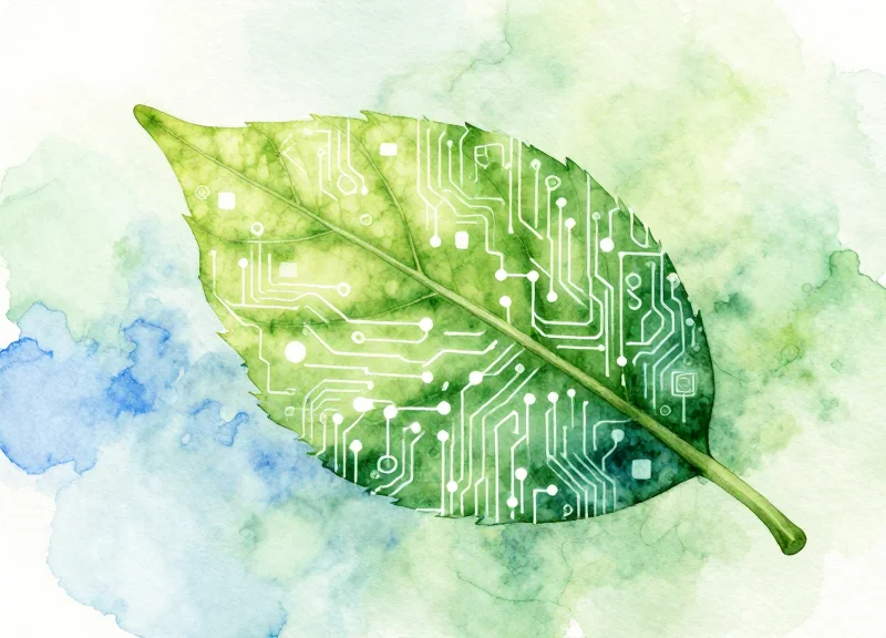 Artistic watercolor illustration of a leaf merging with a digital circuit, symbolizing green ROI and paperless sustainability.