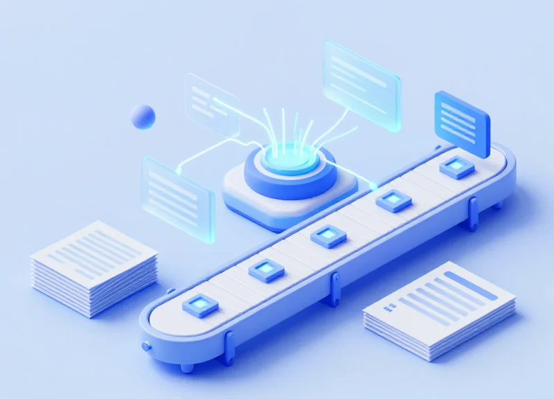 An isometric 3D illustration of an automated factory floor where items on a conveyor belt are tracked by glowing digital nodes and data streams, symbolizing a paperless RFID workflow.