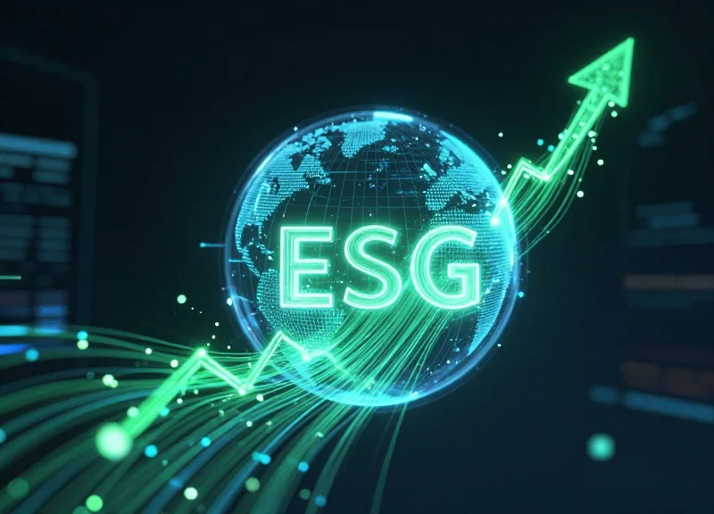 Abstract data visualization showing real-time ESG metrics flowing as glowing light trails into a central digital sphere