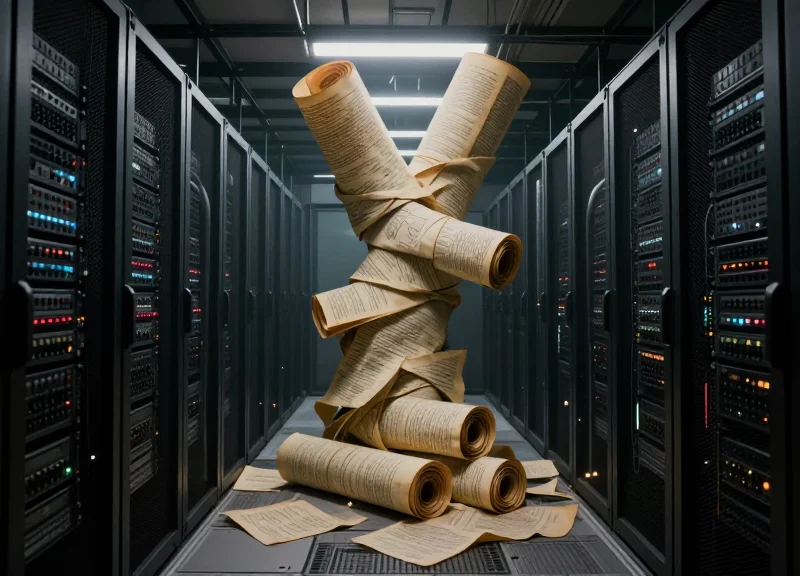 Surreal illustration of a sleek modern server room being restricted and entangled by massive old paper scrolls