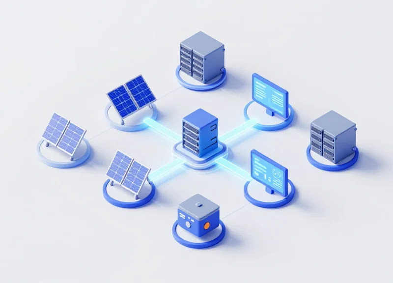 Isometric 3D model of a unified digital ecosystem connecting factories, cloud servers, and reporting dashboards