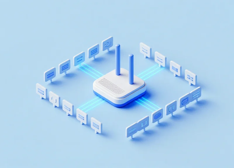 Isometric 3D view of a wireless network hub connecting multiple electronic shelf labels in a retail environment.