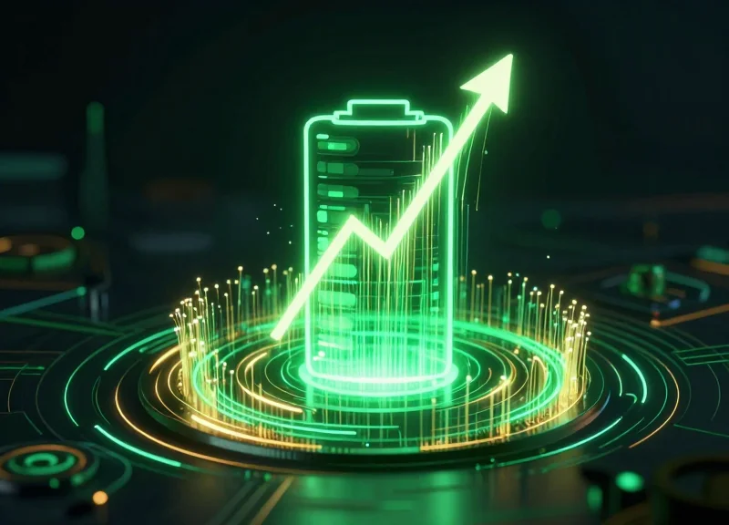 Abstract visualization of energy efficiency and battery power flow for high-refresh electronic displays.