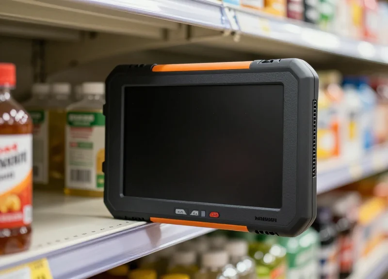 Close-up of a durable electronic shelf label in a high-traffic supermarket area.