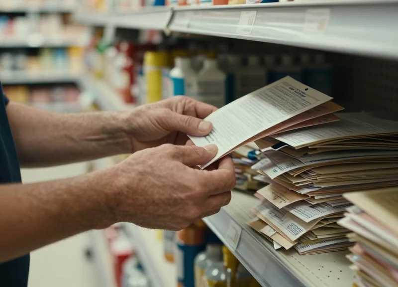 A store employee manually replacing old paper price tags with a look of frustration, blurred grocery aisle in the background.