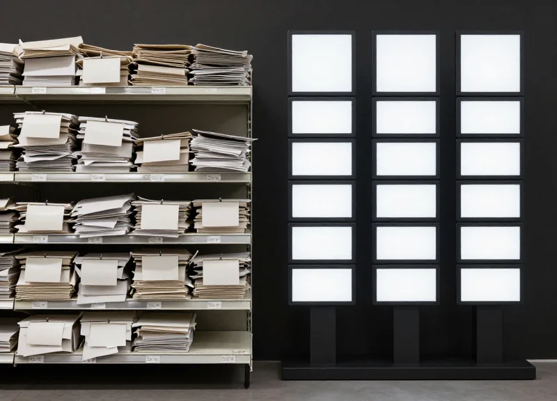 Side-by-side comparison of a messy shelf with paper tags versus a clean organized shelf with digital labels.