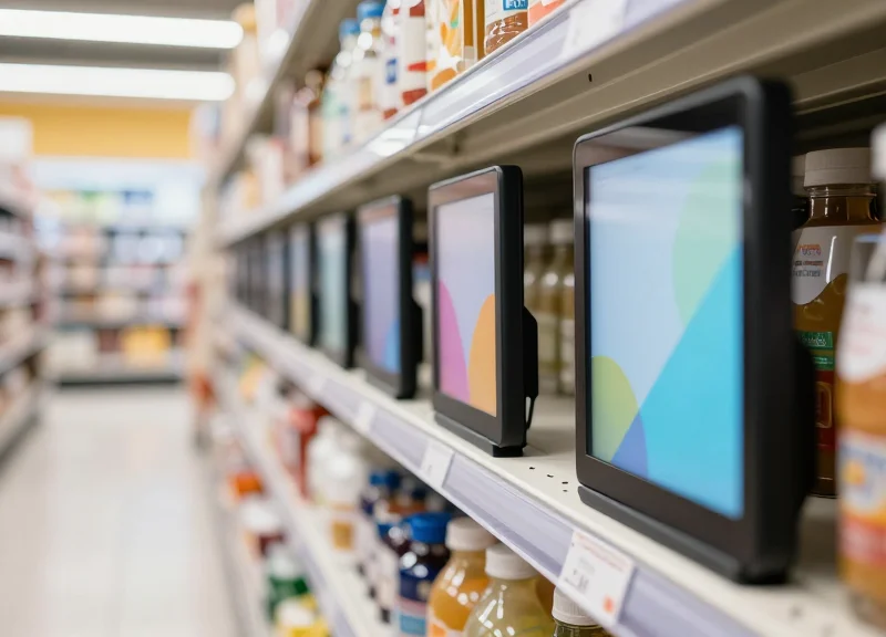 A close-up, high-definition photograph of a modern supermarket shelf featuring electronic shelf labels with digital displays in a clean, brightly lit grocery aisle.