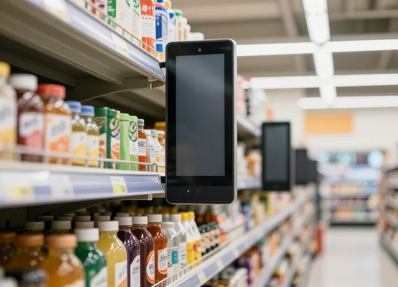 A modern supermarket aisle featuring clear digital price tags on shelves with blurred shopping environment in background
