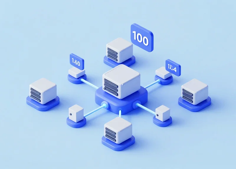 Isometric 3D model showing a cloud server connecting to multiple store digital price tags