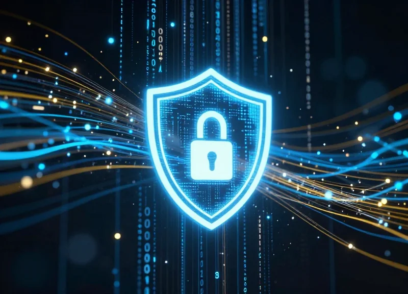 Abstract digital security concept with glowing shield and data streams
