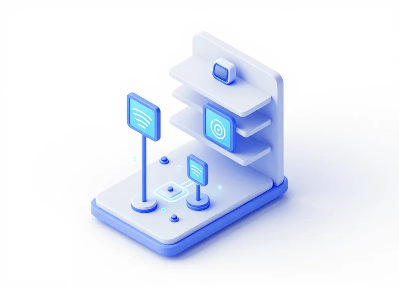 Isometric view of an integrated retail shelf with RFID scanners and ESL labels