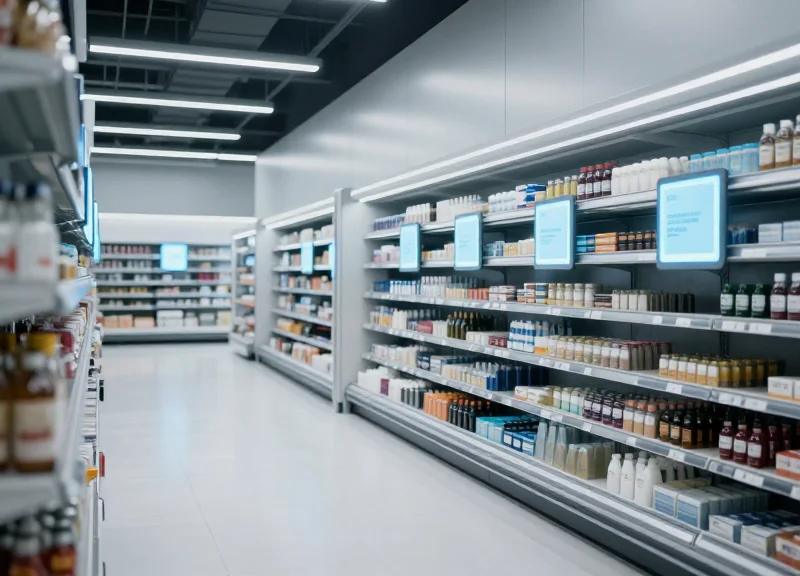 A futuristic supermarket interior with glowing digital shelf labels and a sleek modern aesthetic